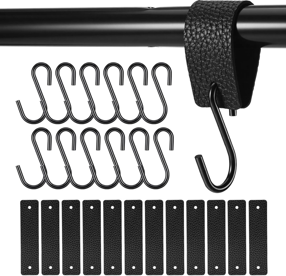 SnelShoppen - Set van 12 Multifunctionele Zwarte S Haakjes met Leren Lussen voor Keuken, Badkamer, Slaapkamer, Balkon, Kantoor en Kamperen