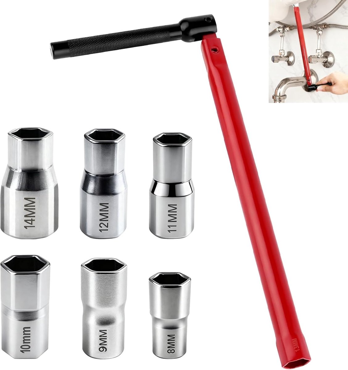 SnelShoppen - 7-delige Kraanmoersleutel Set, Installatietools voor Keuken en Badkamer, Voor 8-14 mm en 14 mm Moeren, Duurzame Sanitair Sleutel voor Ma