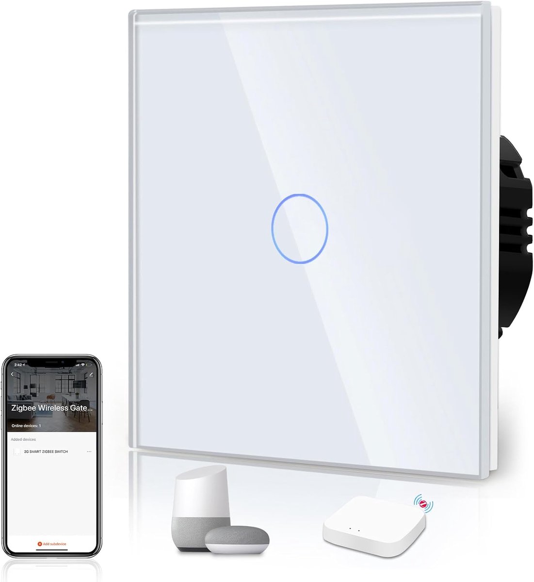 SnelShoppen - ZigBee Smart Switch - Touch Sensor, Glas, WiFi, 2.4 GHz - Stabiele Verbinding, Compatibel met Alexa/Google Home, 1-Way Schakelaar voor S