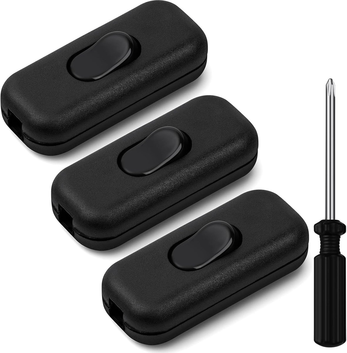 SnelShoppen - Pack van 3 Zwarte Torpedo Schakelaars, Twee Polige Inline Schakelaar, 6A, 250V, Ideaal voor Huishoudelijke Apparaten, Bureau Lampen en B