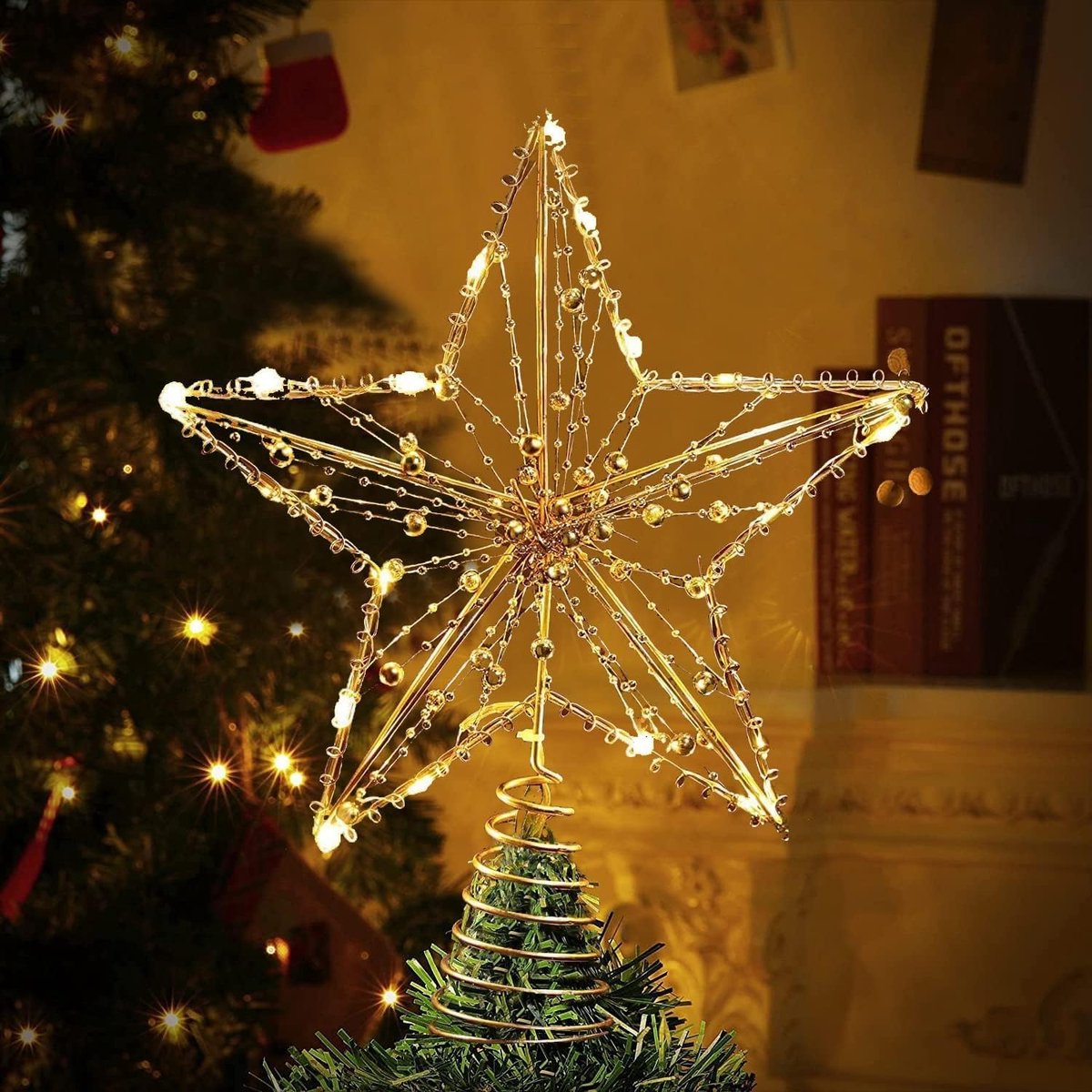 SnelShoppen - LED Ster Kerstboomtopper met Gouden Parels en 20 Mini Lichten - Geïllustreerde Pentagram Sneeuwboom Topper 23x18 cm - Perfect voor Kerst