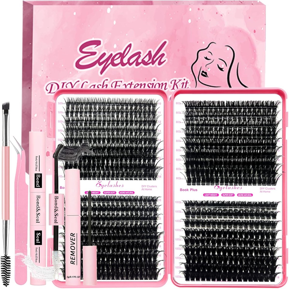 SnelShoppen - DIY Wimperextensions Set 684 Stuks Individuele Wimpers Cluster D Curl met Wimperlijm en Sealer, Lijmresidu Verwijderaar, Pincet en Herbr