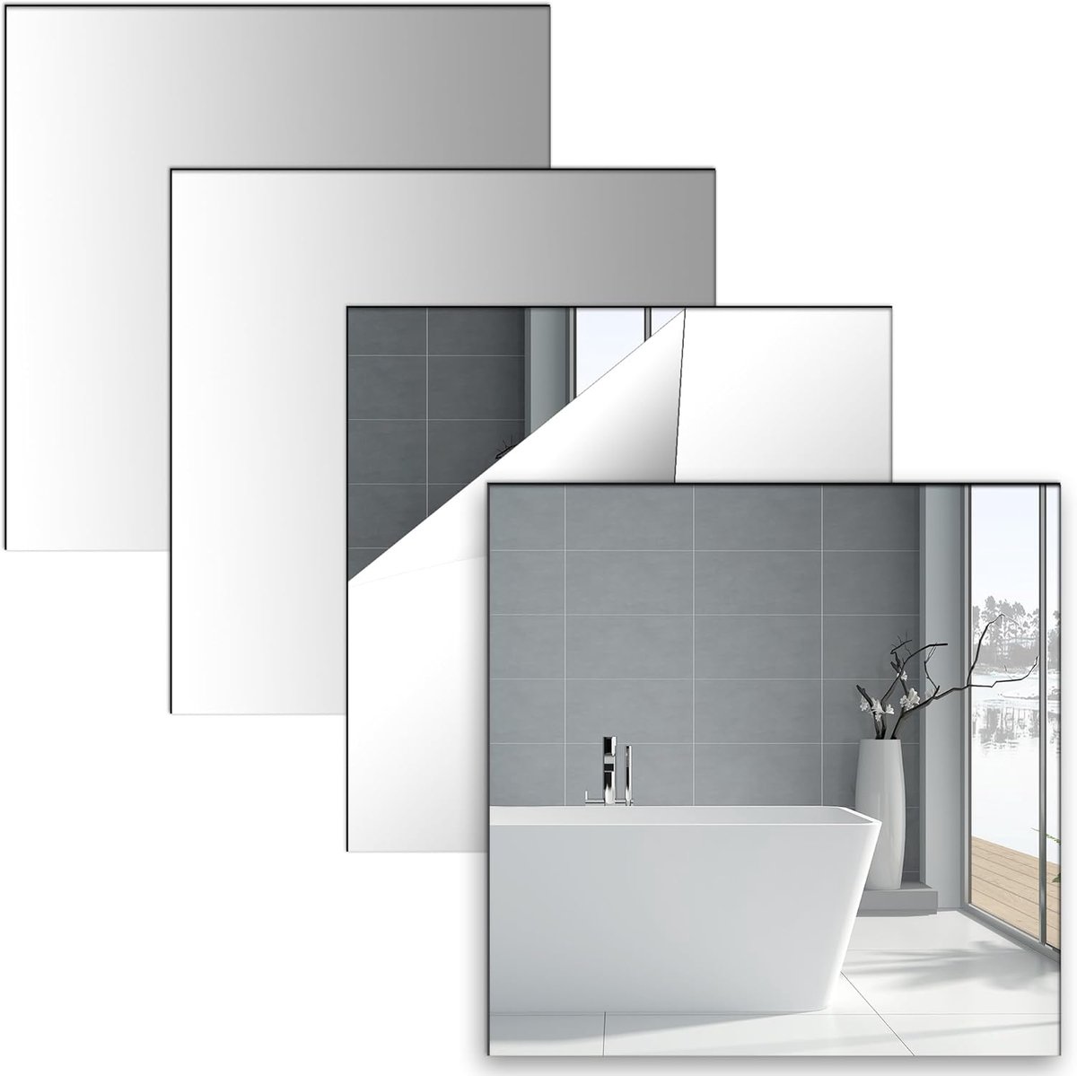 SnelShoppen - Pack van 4 Zelfklevende Spiegels 20x20 cm Wandspiegel Stickers 2mm Dikte Acrylaat voor Thuisdecoratie, Badkamer, Slaapkamer, Modern Desi