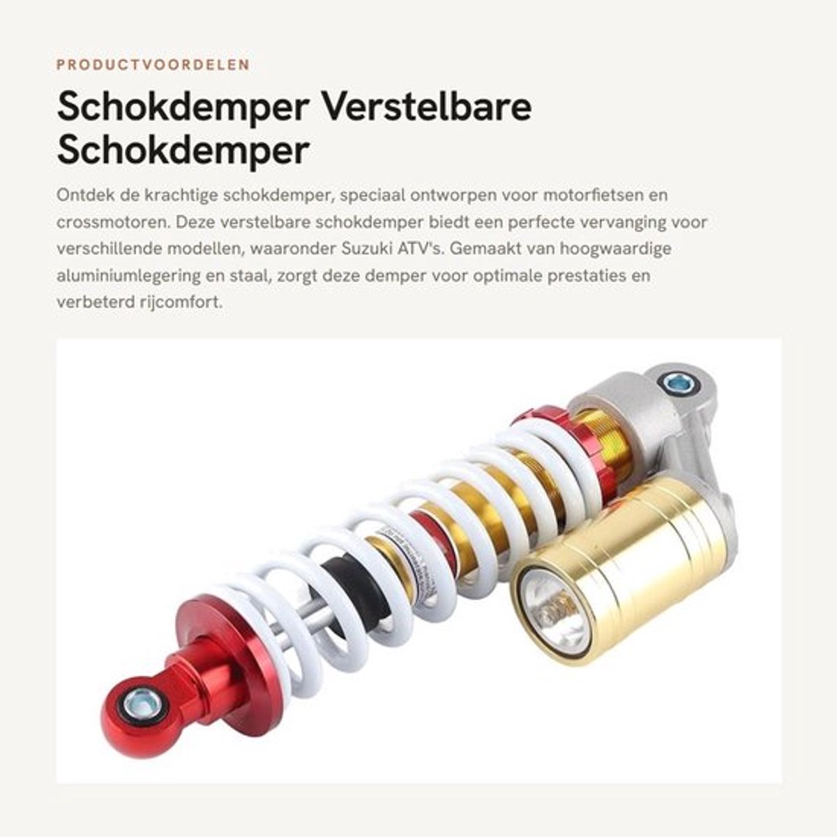 Schokdemper Verstelbaar - Vervangend voor Motorfietsen/ATV's - Totale Lengte 340 mm - Montagegatafstand 305 mm - Aluminiumlegering/Staal - Universele Toepassing - Vering