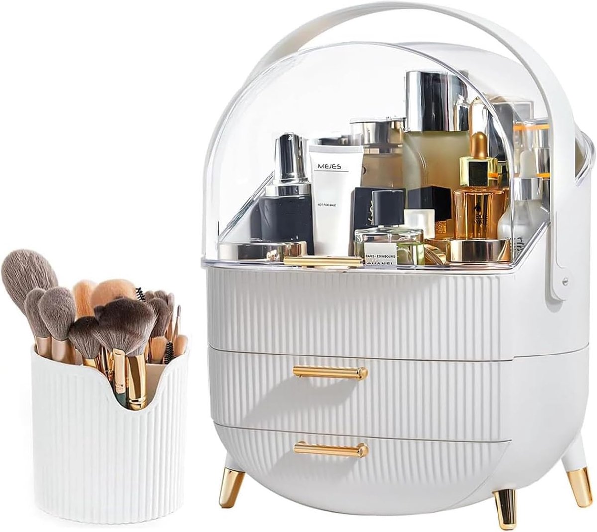 SnelShoppen - Cosmetic Organizer met Transparant Deksel, 2 Lades en Borstelhouder, Waterdicht en Stofdicht voor Badkamer en Make-up Tafels (Wit)