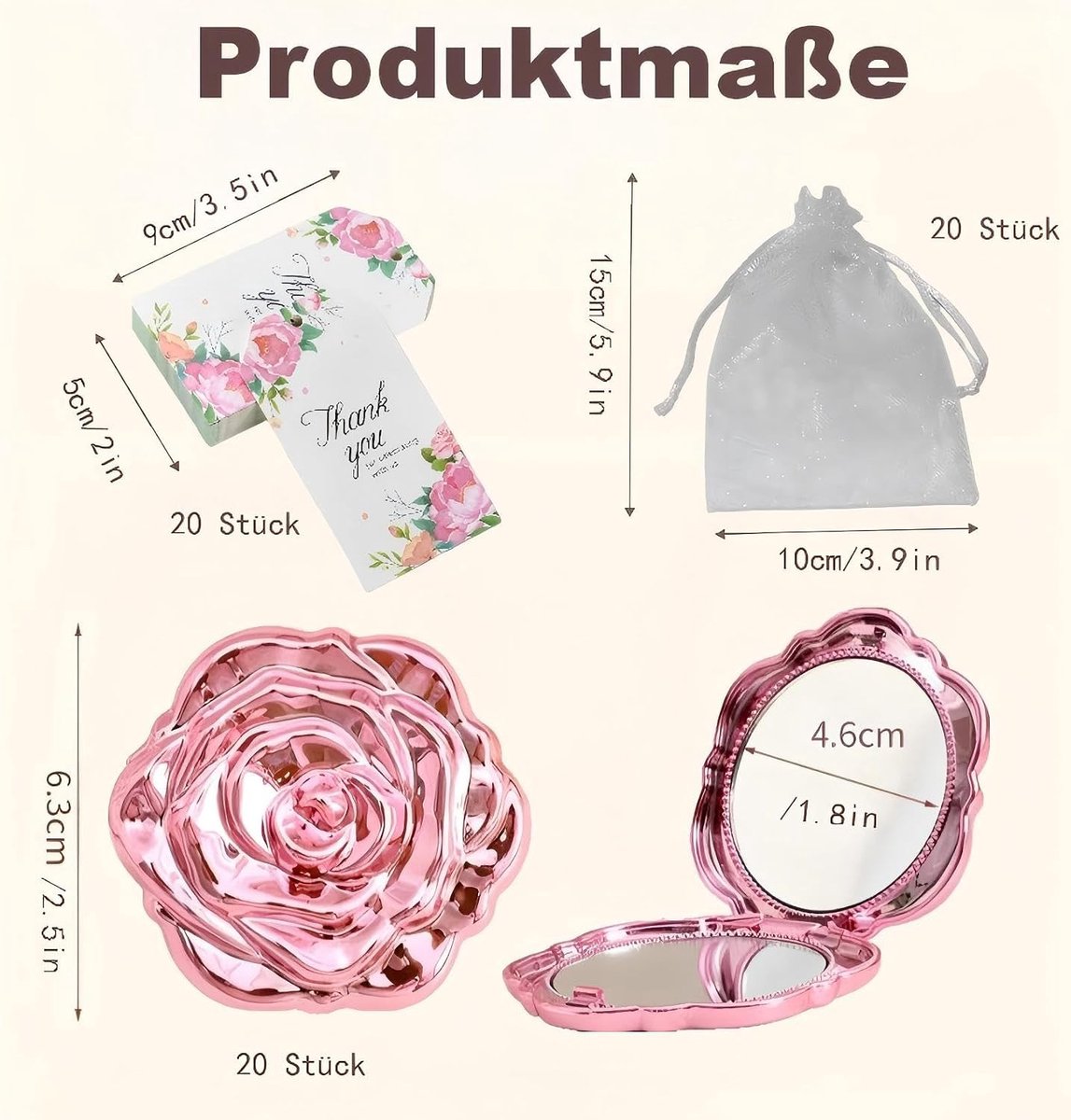 Compacte rozenspiegels in bulk - Perfect voor feestartikelen, huwelijksgeschenken, vrijgezellenfeesten en zoete 16 geschenken met organza zakjes en bedanklabels