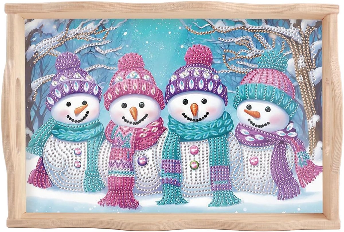 DIY Diamant Schilderen Tray 30x20cm - 5D Kunstwerk Ontbijt Tray met Handvatten voor Keuken, Ideaal voor Diner, Thee en Kaas Plank met Sneeuwman Ontwerp