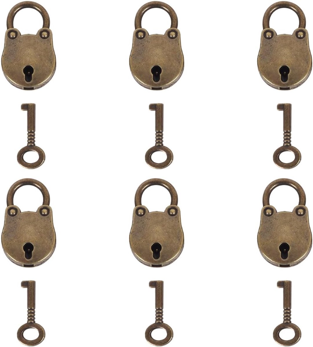 SnelShoppen - 6 Stuks Mini Hangsloten Vintage Berhoofd Sleutels voor Sieradenkist, Koffer, Houten Kist en Deur (Antiek Brons)