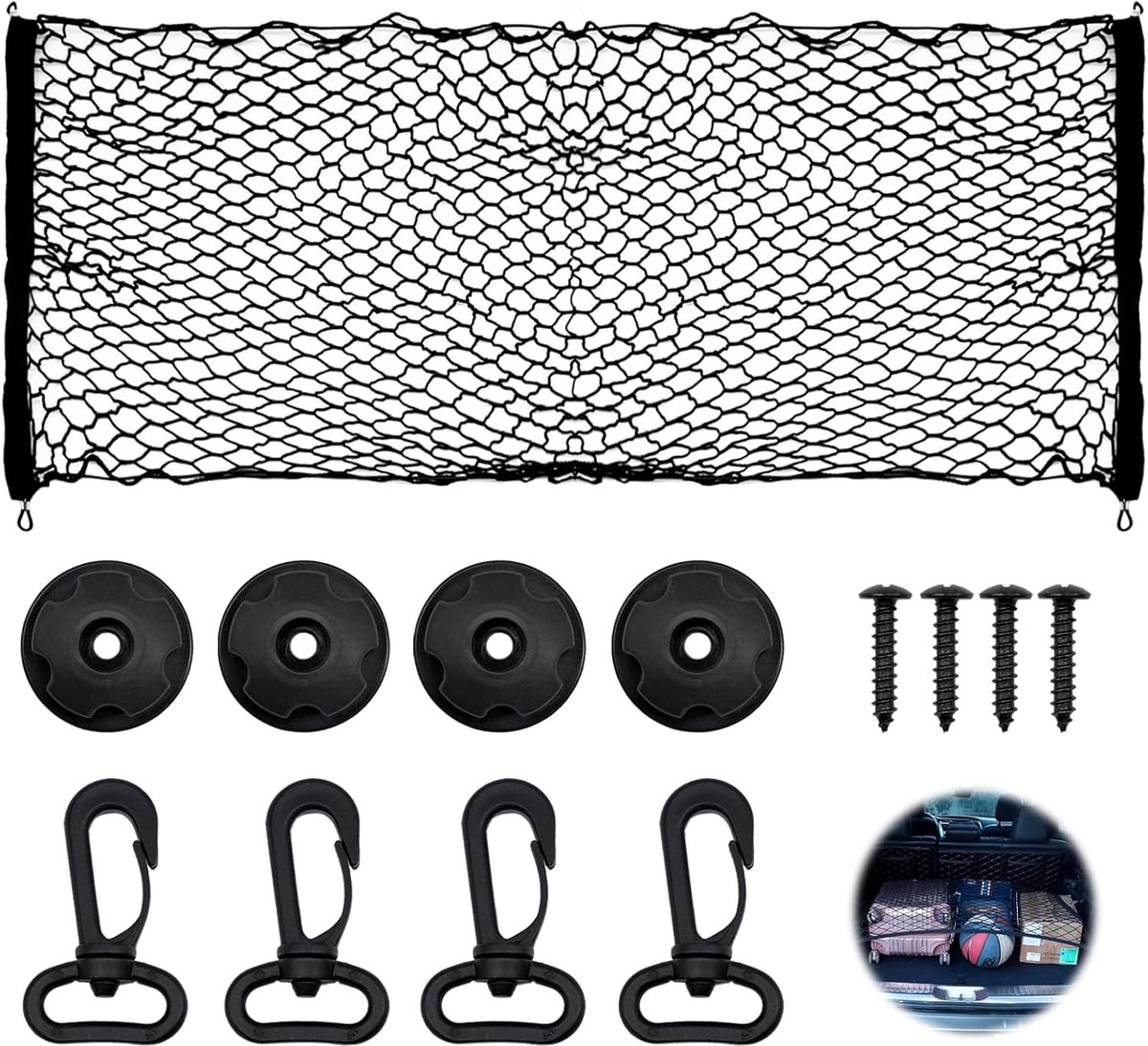 SnelShoppen - Luggage Net voor Kofferbak, 110 x 60 cm, Verstelbaar Opslagnet met Haken, Schroeven en Knoppen, Elastisch Kofferbaknet voor SUV, Truck o