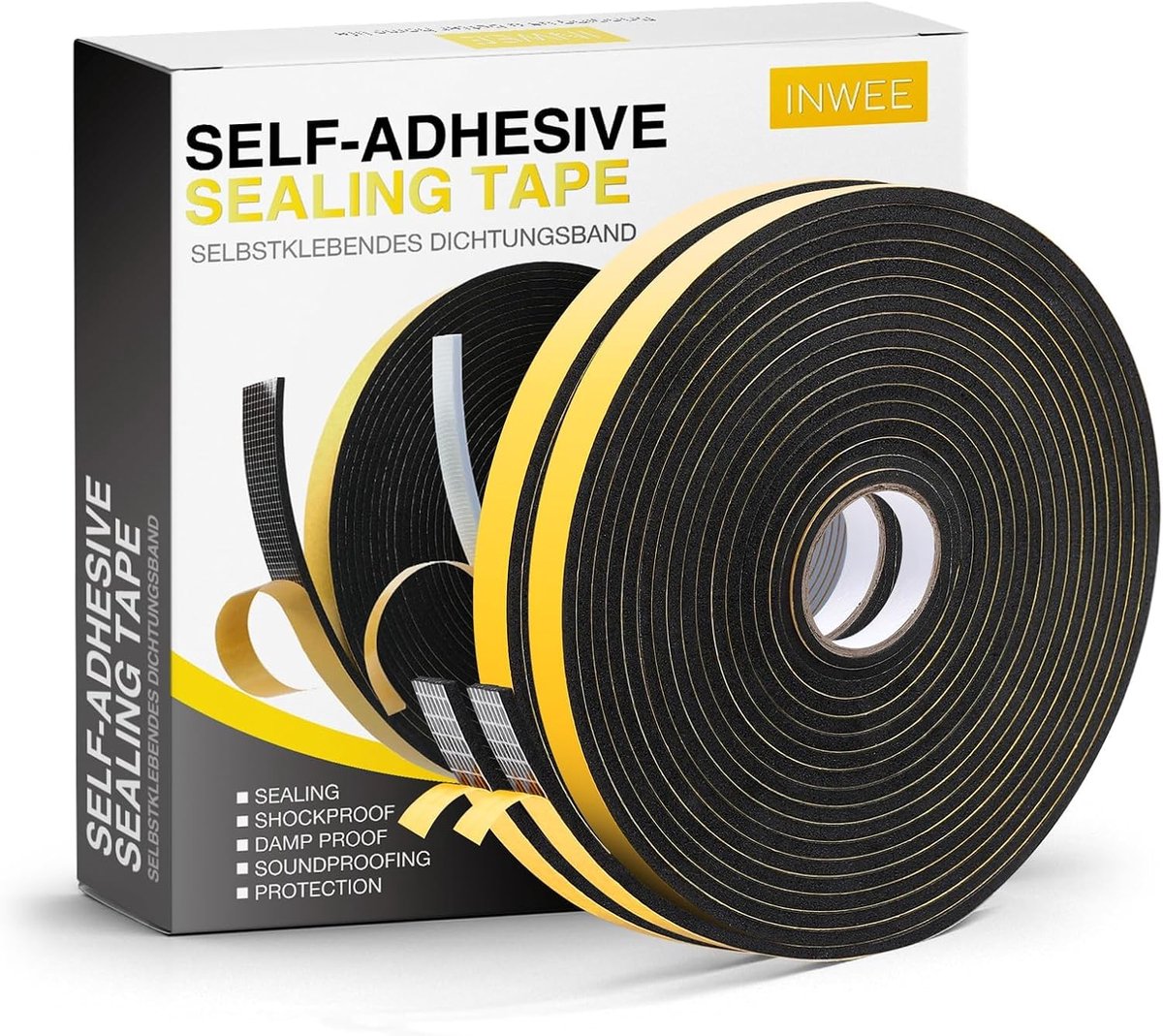 SnelShoppen - Sealing Tape, Zelfklevend, 2 Rollen 12mm(W)x 3mm(D), Foam Tape voor Deuren en Ramen, Rubber Sealing tegen Koude Tocht, Waterdicht en Sto