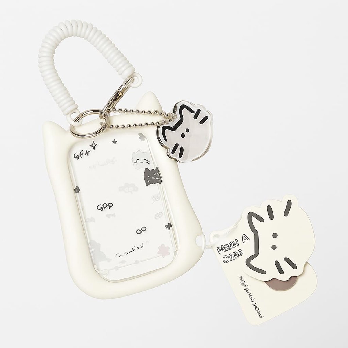 SnelShoppen - K-Pop Photo Card Case - Transparante Dubbelzijdige ID Kaart Houder met Siliconen Kat en Spiraalkoord Carabiner Ketting voor 2 Kaarten, S