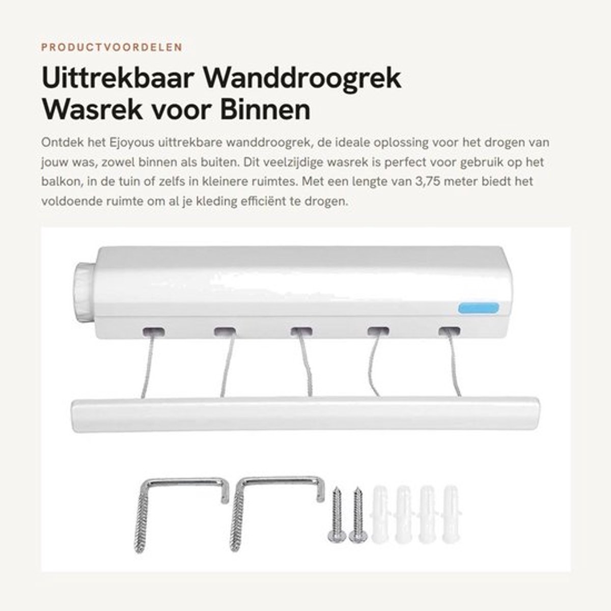 Wanddroogrek Uittrekbaar 3,75 m - Wasrek Voor Binnen - Droogrek Voor Balkon - Flexibel Gebruik - 5 Lagen - Volledige Bescherming