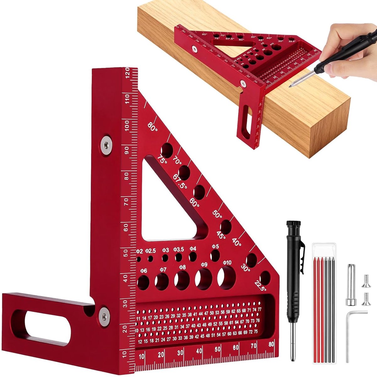 SnelShoppen - 3D Hoekmeter met Potlood, Multifunctionele Hoekmeetgereedschap, Aluminium Legger 22.5-90° met Positioneringshulp voor Houtbewerking, Ing