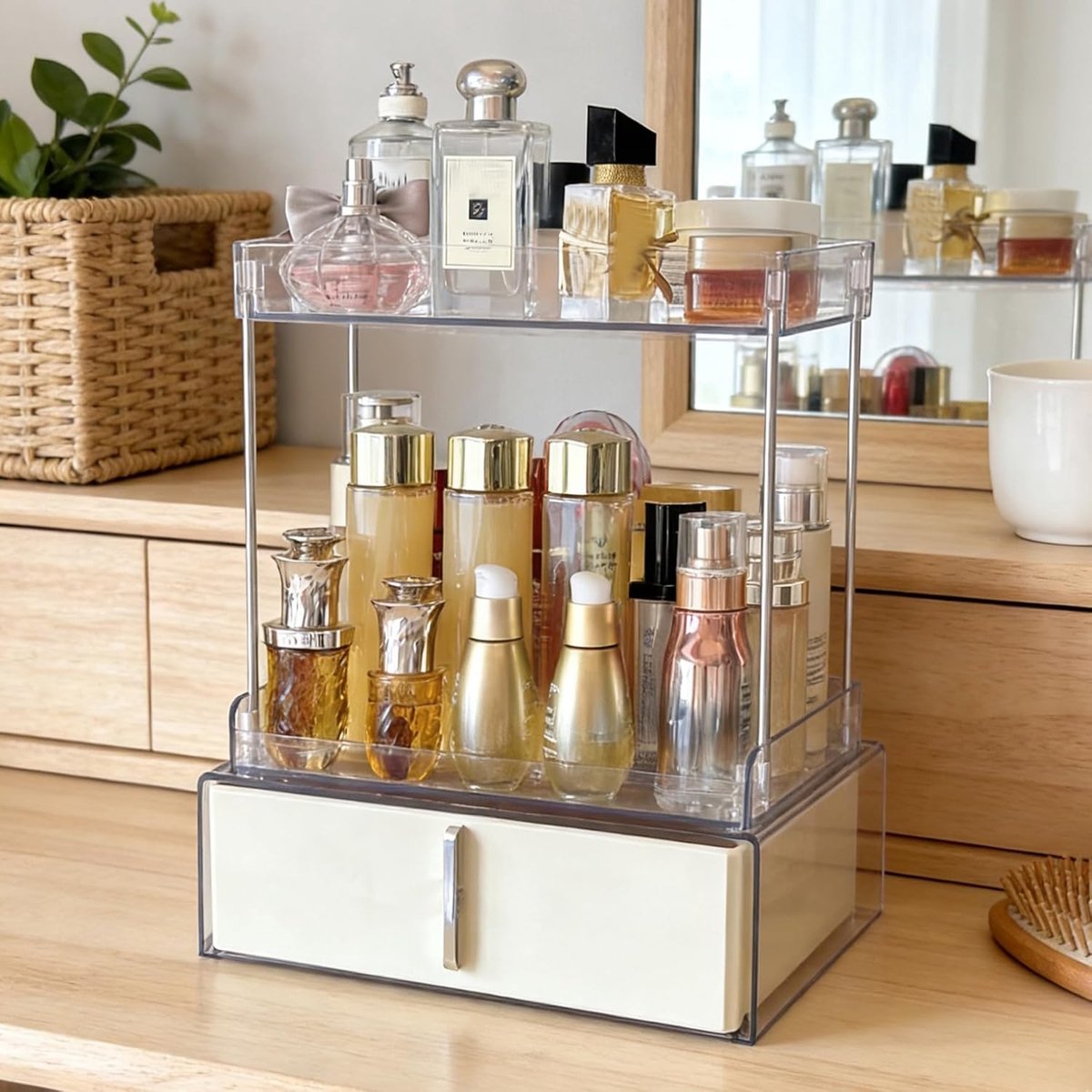 SnelShoppen - Kousee Make-uporganizer 3-laags Lade - Cosmetica Organizer - Antislip Ontwerp - Grote Kaptafel Organizer - Badkamer en Keuken Opslag