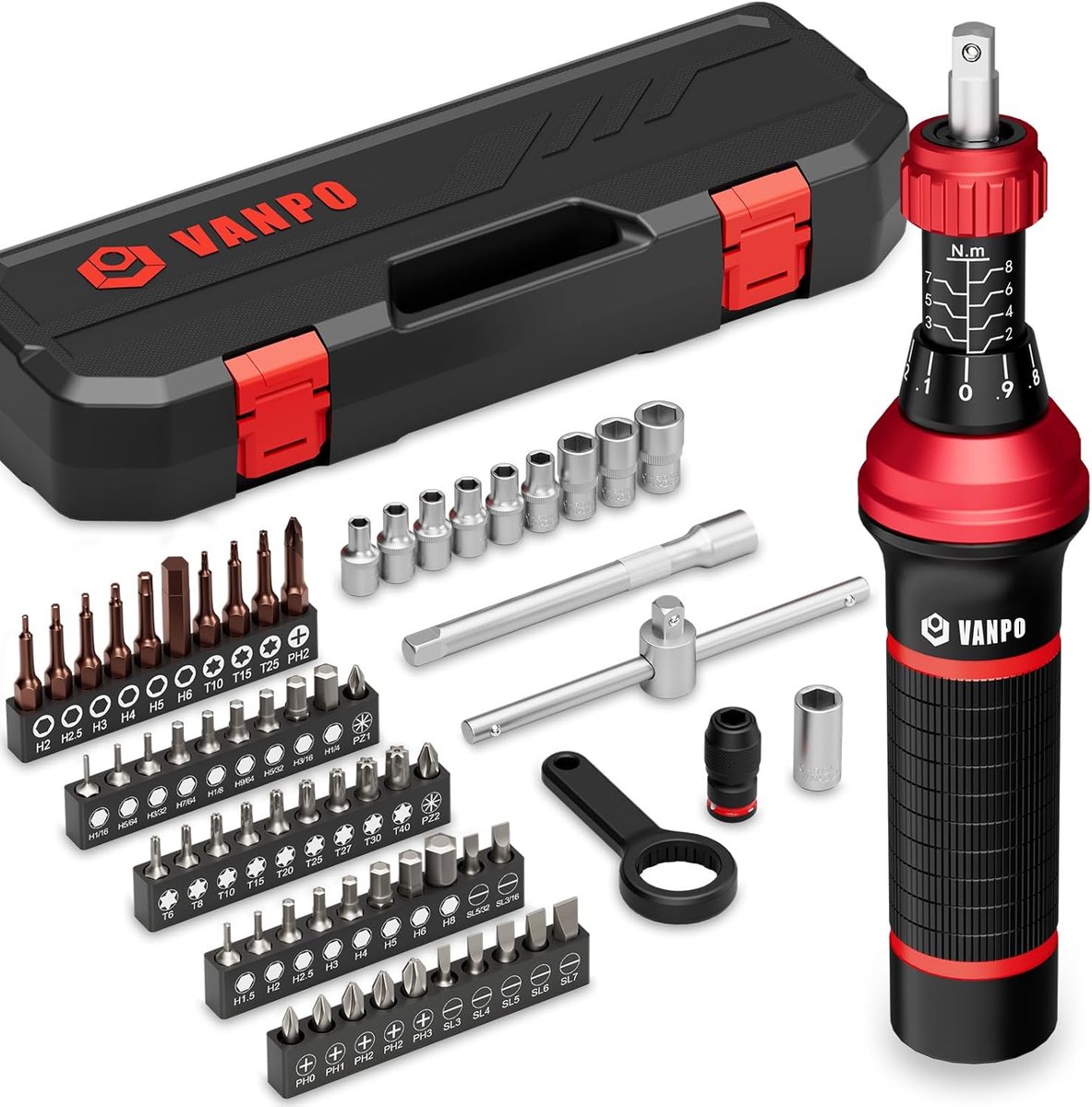 SnelShoppen - Torque Schroevendraaier Set 1/4 Inch 64-Delig 2-8 Nm Met T-Handgreep Slotted Hexagon Torx Phillips Bits Voor Fietsonderhoud
