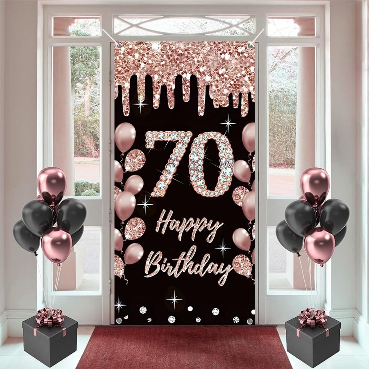 SnelShoppen - 70e Verjaardag Decoratie voor Vrouwen - Happy 70th Birthday Poster Deurbanner - Zwart en Roze - Duurzaam Vinyl - Feestdecoratie voor Ver