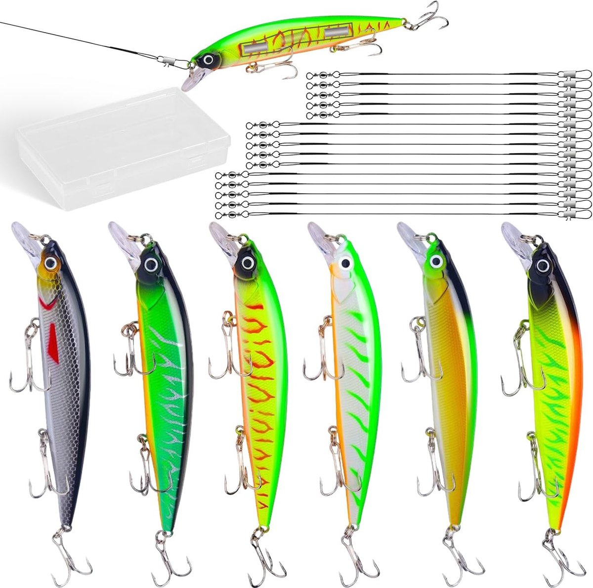 SnelShoppen - 6pcs 22g/14cm Spinning Sea Floating Minnow Lures met 3D visogen, ABS Plastic, Triple Hooks, Inclusief 15 Fishing Lines en Box voor Snoek