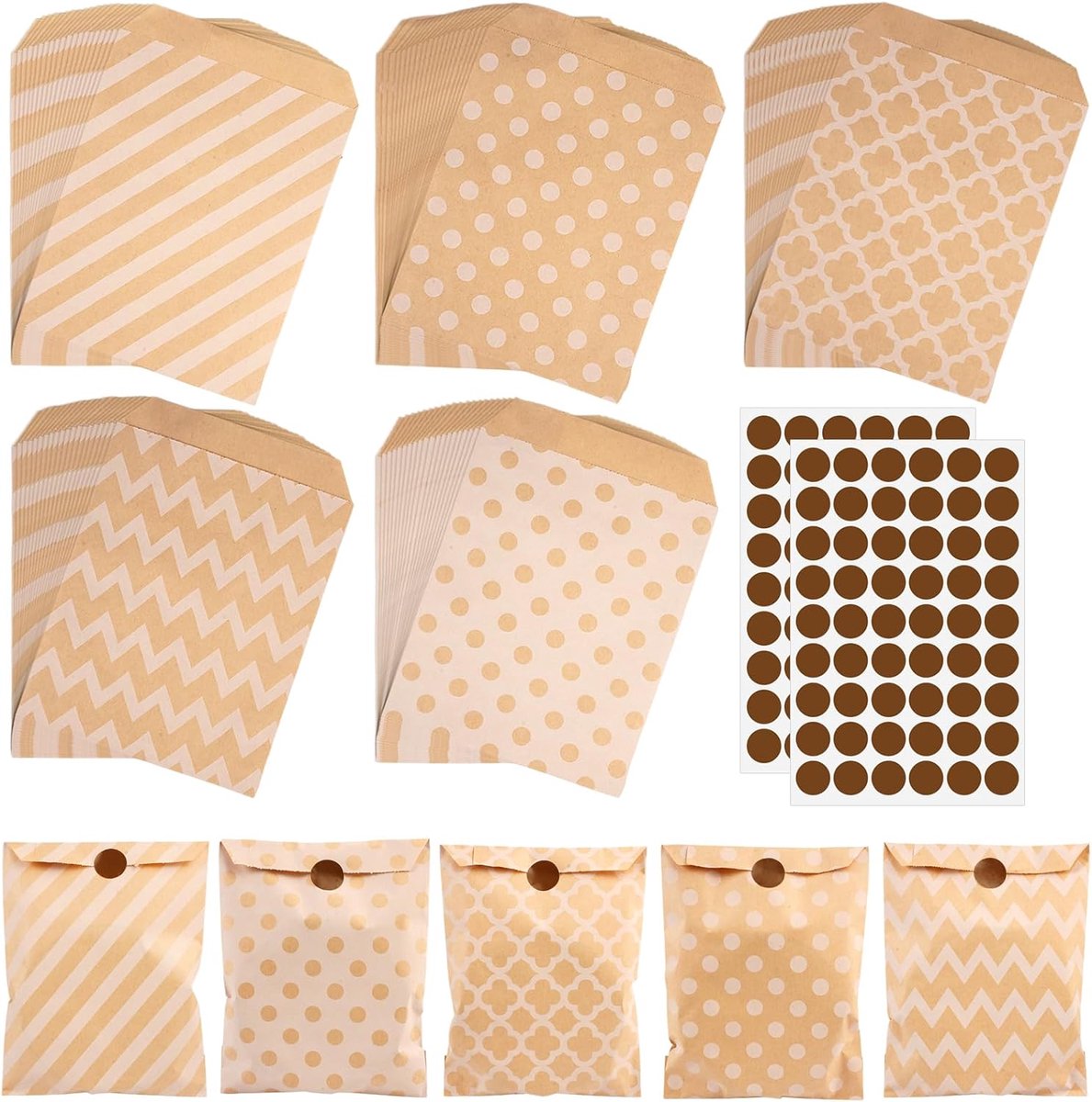 SnelShoppen - 100 Stuks Boterbroodzakjes 18cm × 13cm Kraftpapier Met Stickers - Bruine Cadeauzakjes Voor Kerst, Pasen, Kinderverjaardag, Buffet, Barbe