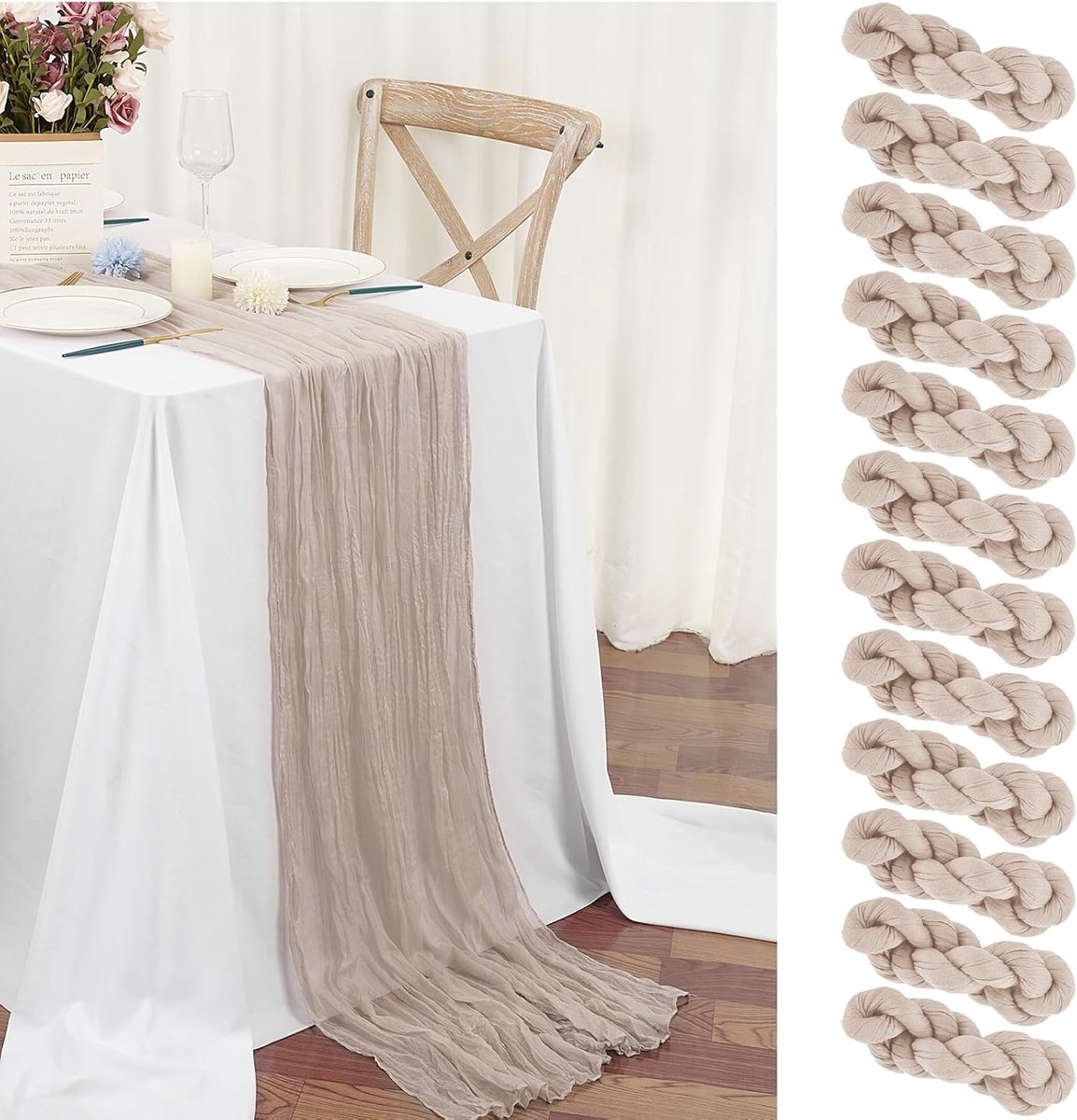 SnelShoppen - 12x Cheesecloth Tafelrunner 55x300cm Bruin/Grijs met Lichtroze en Lila - Boho Tafeldecoratie voor Bruiloft, Babyshower, Verjaardag, Fees