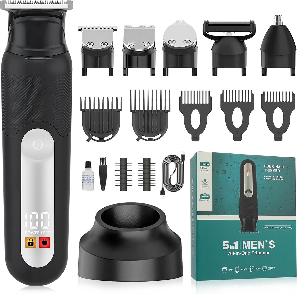 Multifunctionele trimmer voor het hele lichaam (heren), geschikt voor nat en droog gebruik | 5 opzetstukken voor haar, baard, lichaam, neus en oren. Ingebouwd ledlampje met veiligheidsvergrendeling. Cadeau voor echtgenoot, vader of vrienden-Zwart