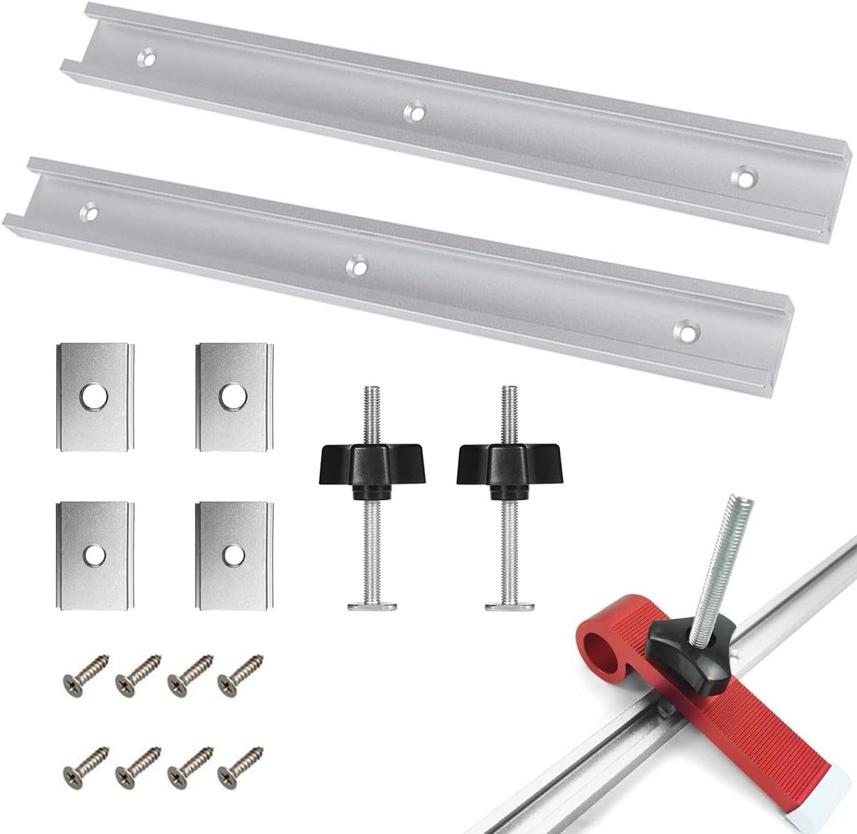 2 Stuks Aluminium T-Geleider Rail Klemmen, 400mm T-Slot Rail Set voor Precisie Miter Bevestiging en M6/M8 Slider