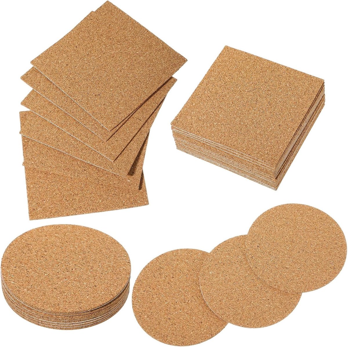 Set van 20 Zelfklevende Kurken Coasters, 10cm Vierkant en Rond, 2mm Dik, Bruin, Hittebestendig voor Theekopjes, Koffiekopjes en Cocktailglazen