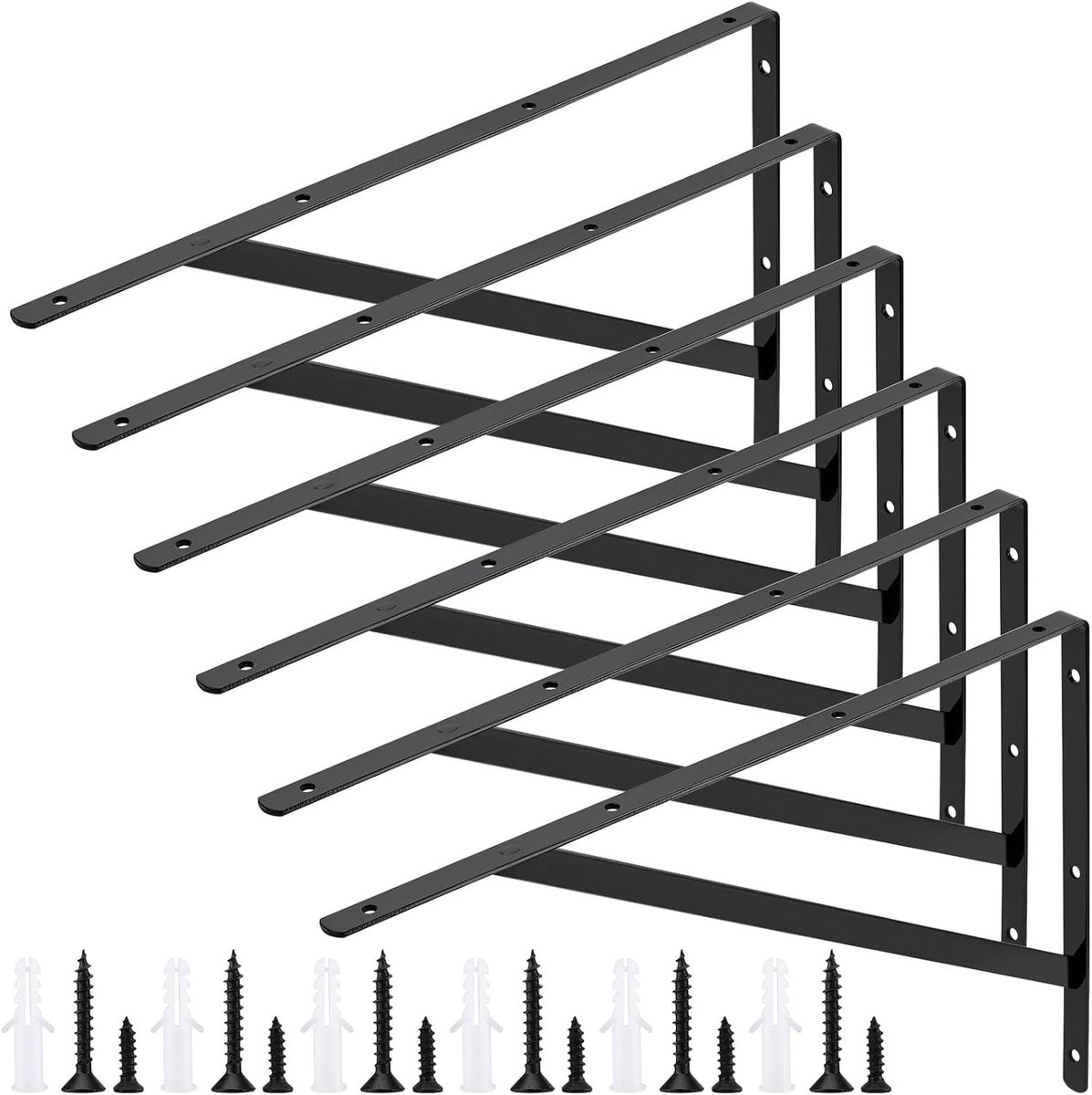 Set van 6 metalen plankhouders 400 x 250 mm, zwart, inclusief schroeven, voor wandmontage en stevige planken in hoeken