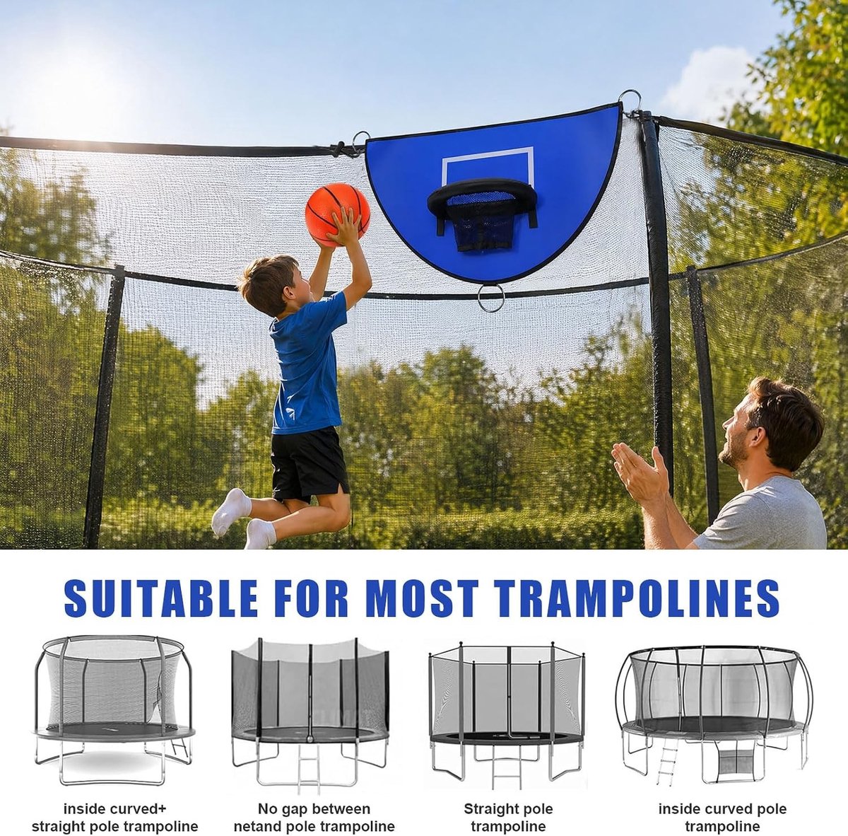 Basketbalkorfset voor trampoline met mini-ballen en veiligheidsrand, ideaal voor kinderen en volwassenen, perfect voor binnen en buiten gebruik
