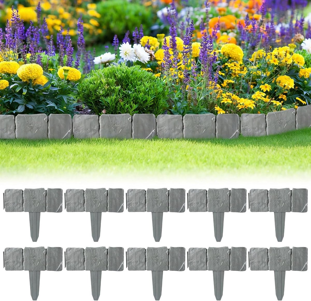 SnelShoppen - 10x Tuinrand in Steenlook, Kunststenen Grondrand, Flexibele Borders voor Bloembedden, Tuinaccessoires voor Binnen en Buiten