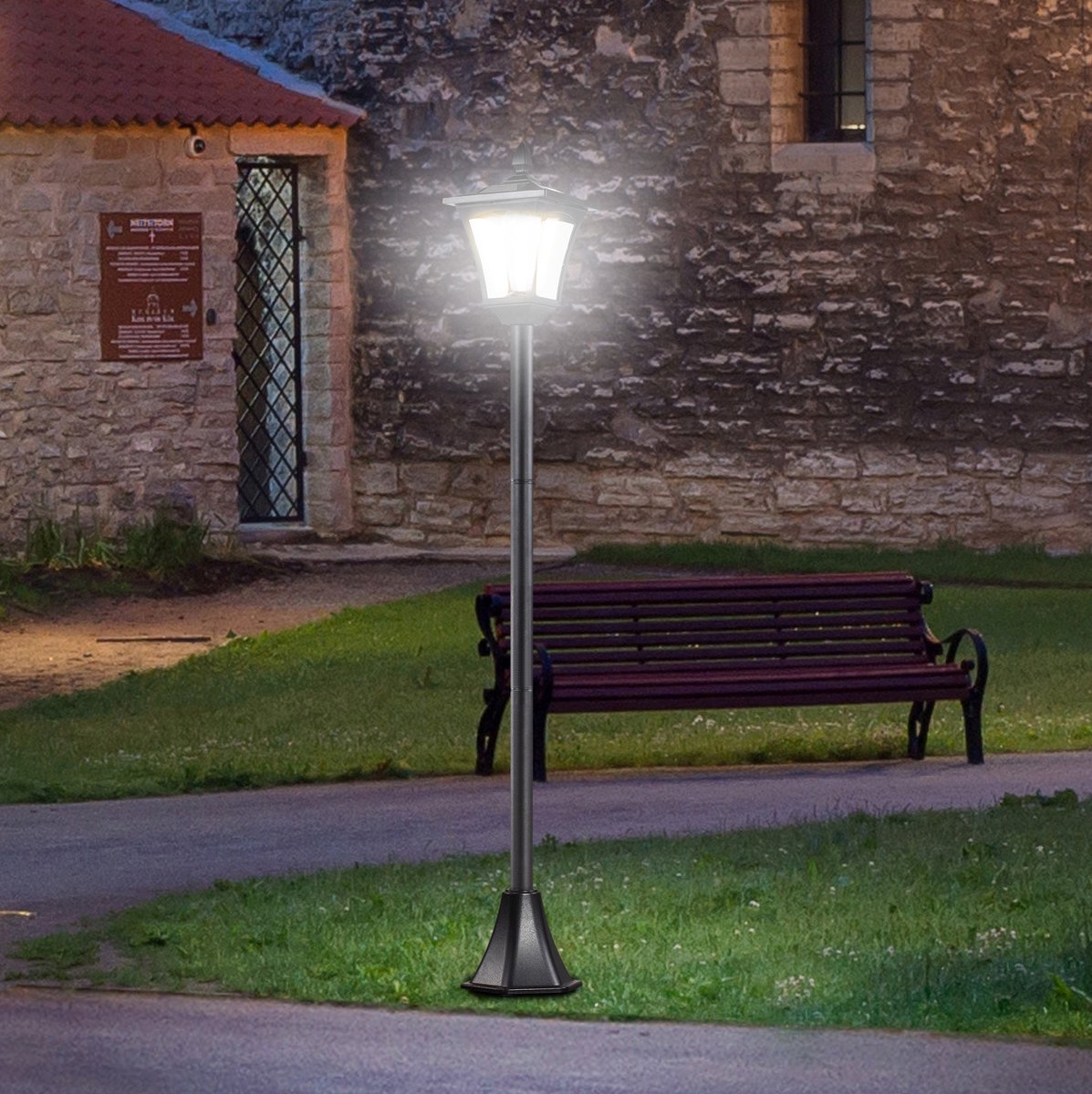 OKWISH Padverlichting - Solar Tuinlantaarn Met LED En Schemersensor - Voor Tuin Pad En Graf - RVS Zwart - 15 x 15 x 120 cm