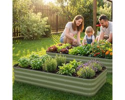SnelShoppen - INNO STAGE Verstelbaar Verhoogd Tuinbed 150x90x30 cm Metalen Plantenbakken Buiten voor Groenten, Kruiden, Bloemen - Olijfgroen - Set van