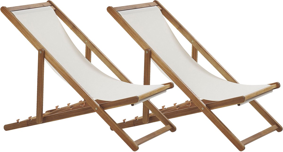 ANZIO - Ligstoel set van 2 - Lichtbruin/Wit - Acaciahout/Polyester