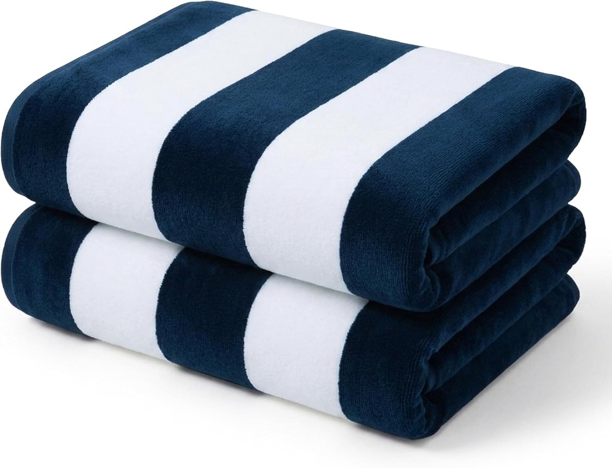 Thijox - Set van 2 Zachte Katoenen Strandlakens 180x90 cm - Absorberende Badhanddoeken met Strepenpatroon in Marineblauw - Perfect voor Strand, Zwemba