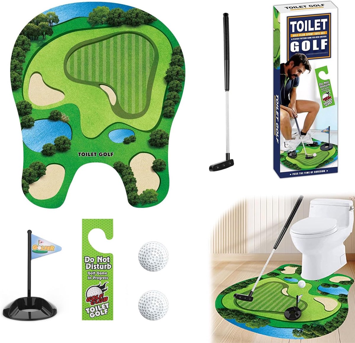 SnelShoppen - Toilet Golf Gift Set - Mini Golf voor Mannen - Grappig Golfspel met Golfclub, Putting Mat, 2 Ballen en Deurhanger - Origineel Cadeau voo