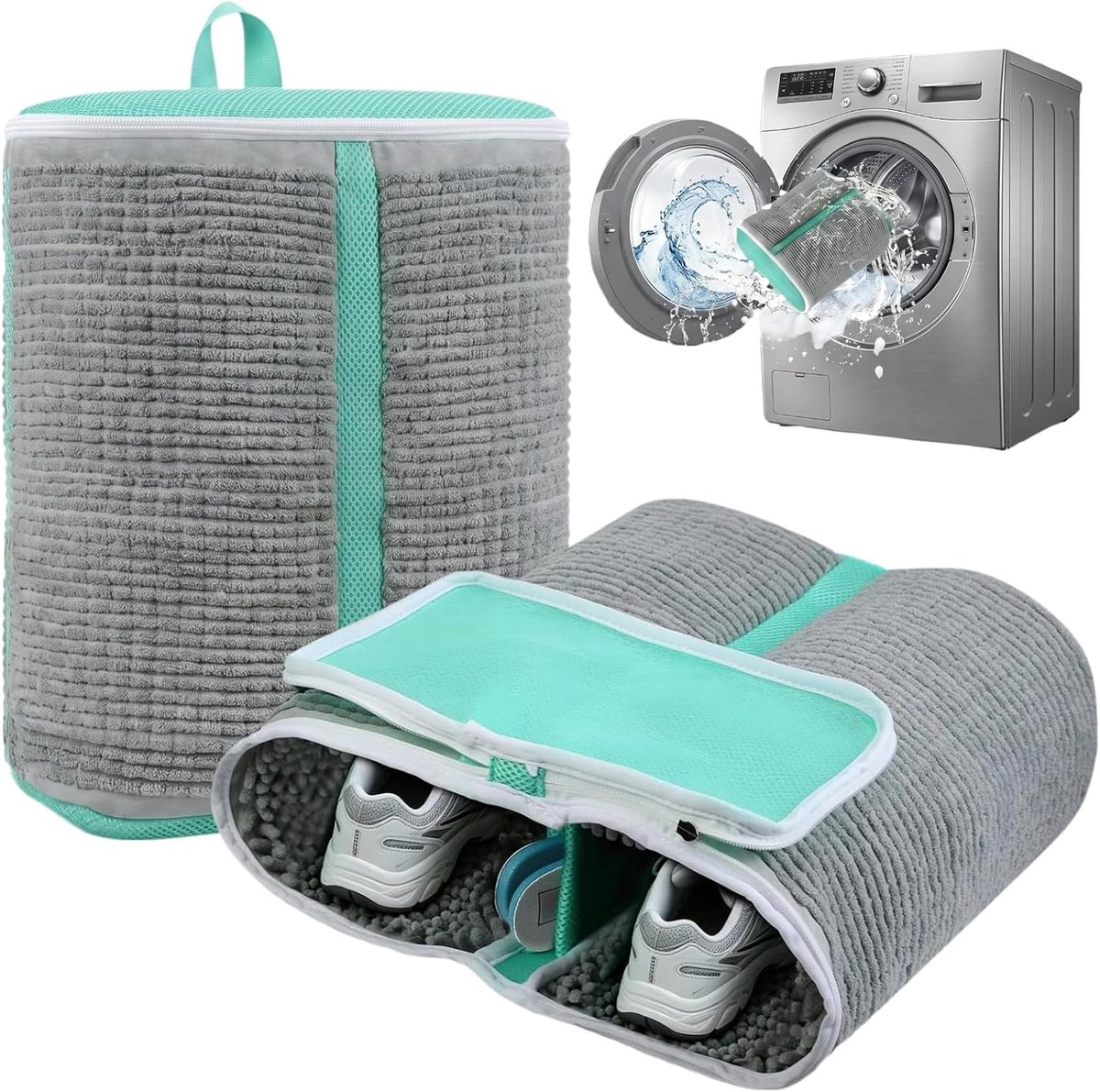 SnelShoppen - Schoenwaszak XL voor Wasmachine - Waszak voor Sneakers en Gym schoenen met Zolenreinigingsvak - Robuuste Witte Waszak - Extra Stil & Rui