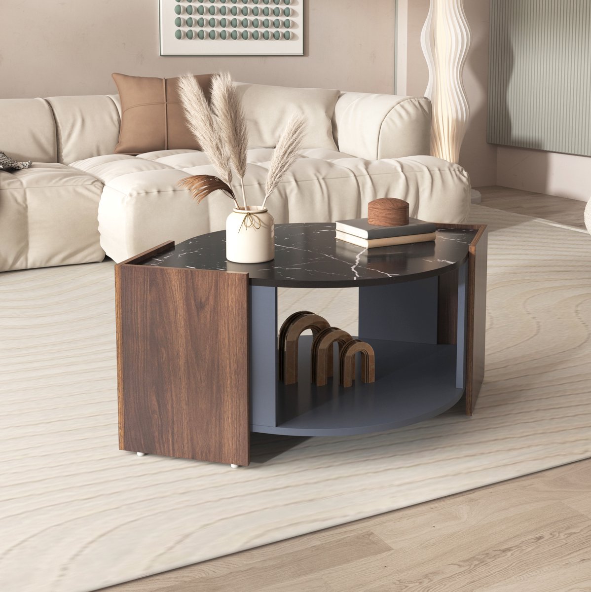 COVREO Salontafel 96,5 x 63 x 40 cm – zwart en houtkleur, met open opbergruimte