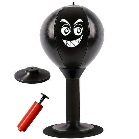 Zwarte desktop boksbal met grappig gezicht, inclusief zuignap voet en rode handpomp.