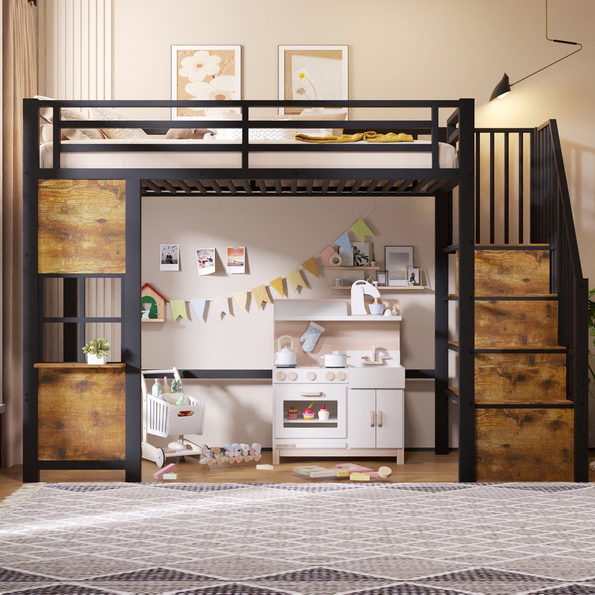 Hoogslaper 90 x 200 cm - opbergplanken - open opbergruimte onder het bed - raamdesign - zonder matras - zwart