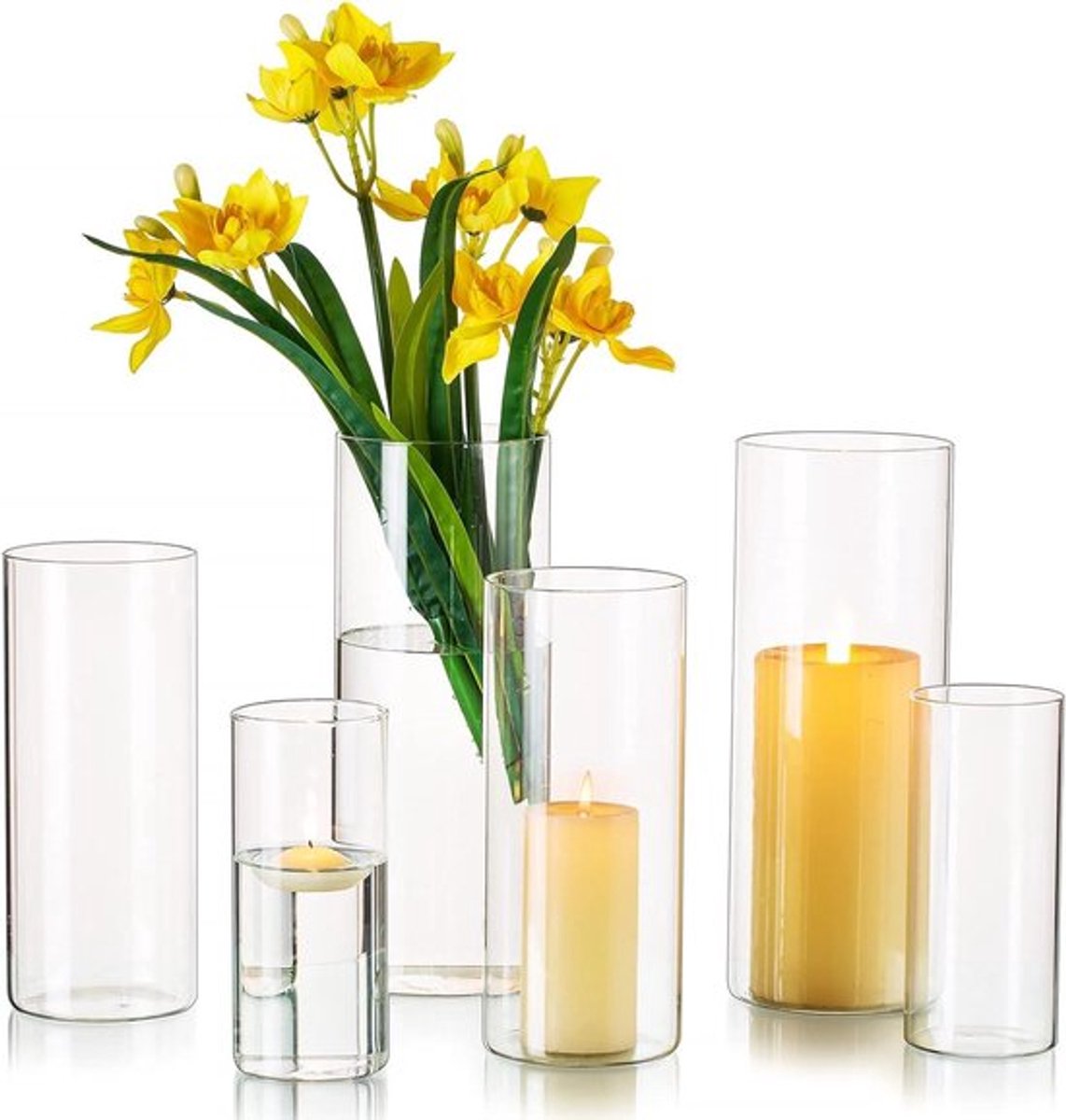 Glazen vaasenset voor tafeldecoratie en bruiloft centerpieces met kaarsenhouders - 6 stuks