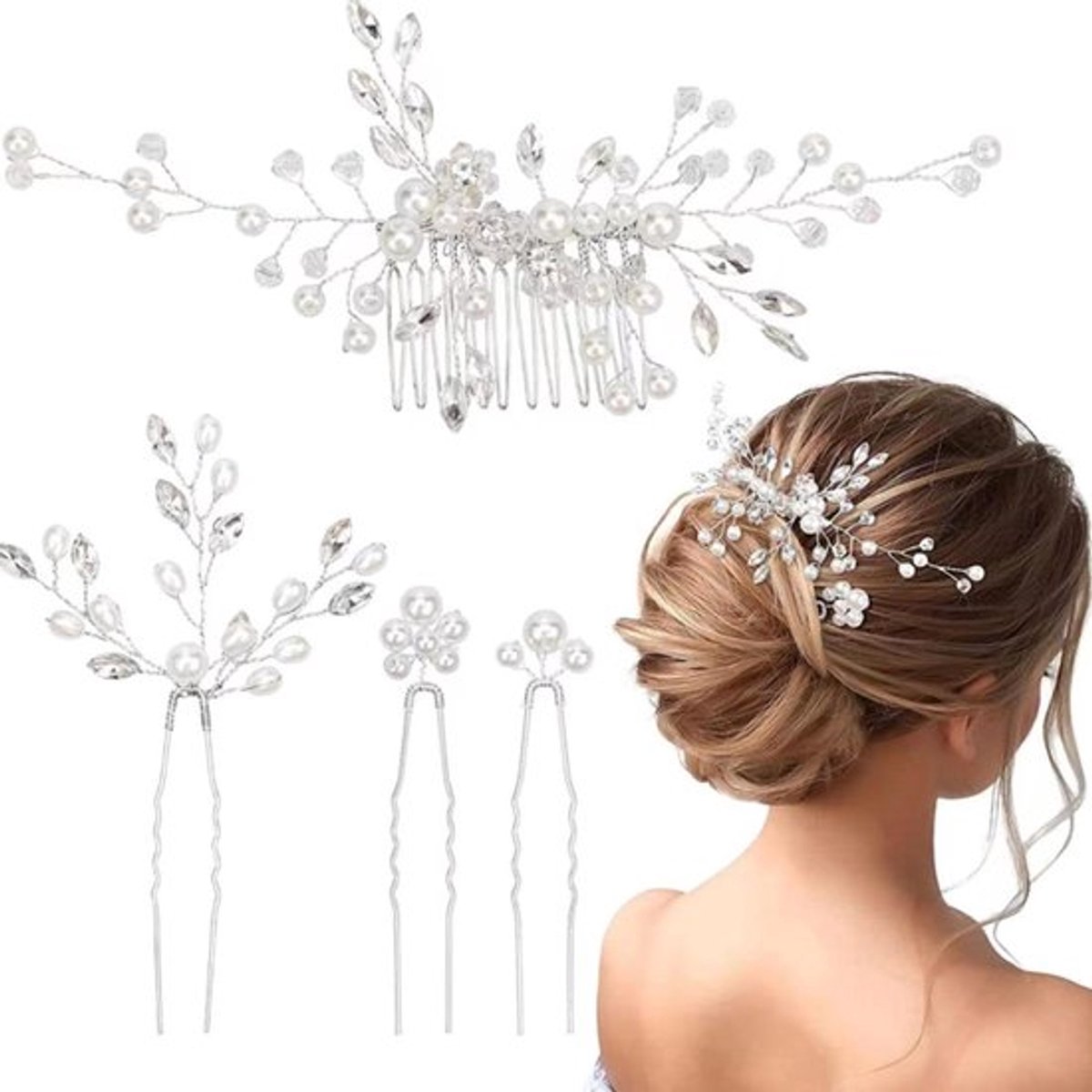 Haarspelden voor Bruiloft, Set van 4 met Parel Bloem Kristal Strass, Haaraccessoires voor Vrouwen en Meisjes