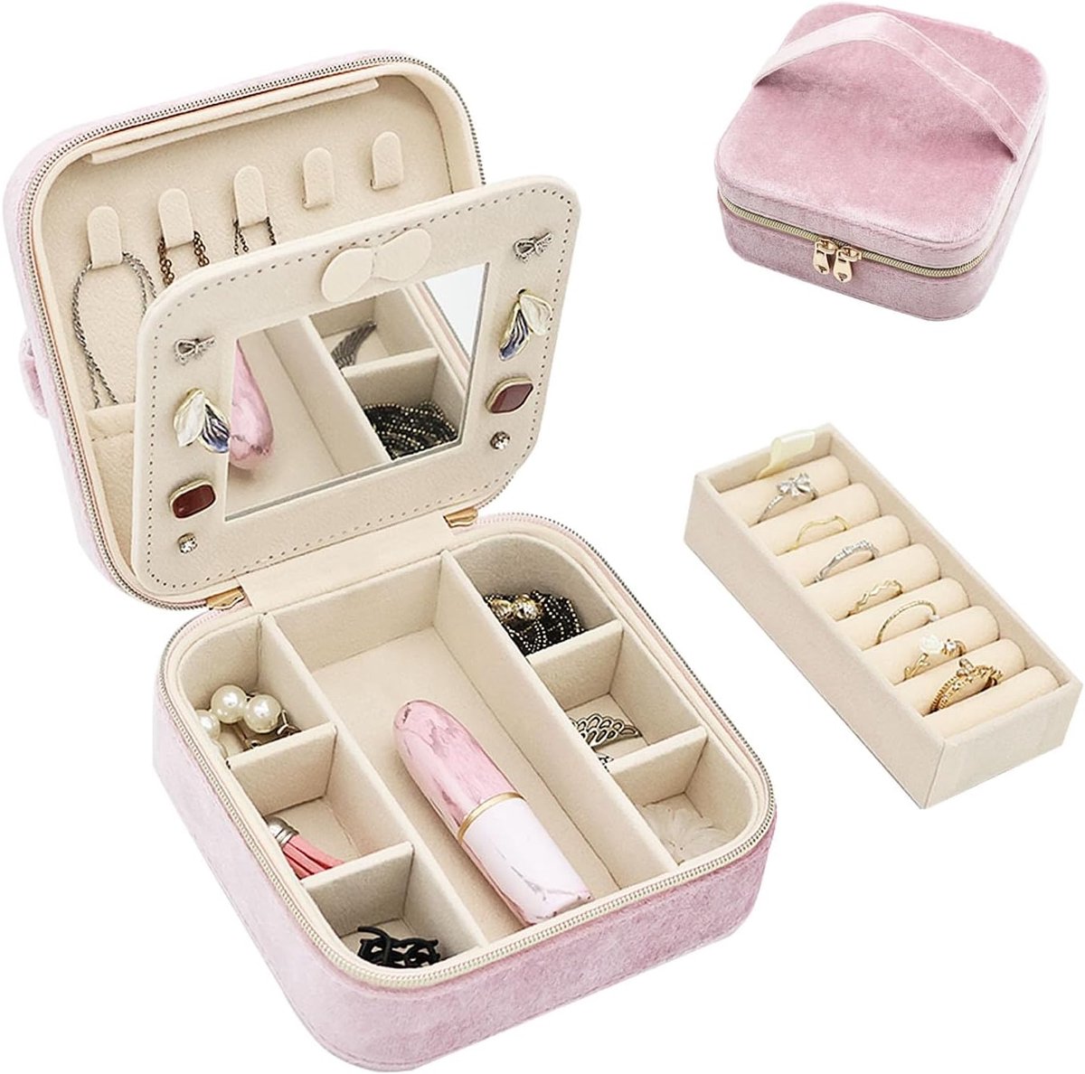 SnelShoppen - Travel Jewelry Box met Spiegel - Velvet Reistasje voor Ringen, Oorbellen, Kettingen, Armbanden - Compacte Organizer voor Vrouwen en Meis