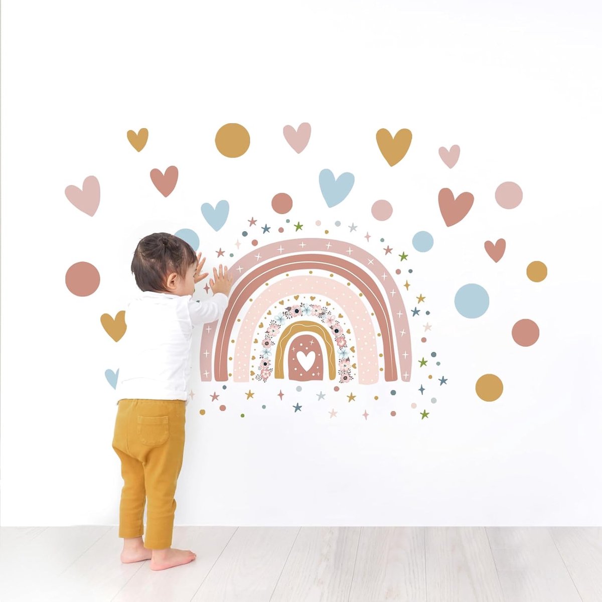 SnelShoppen - Boho Rainbow Wandstickers voor Kinderen, Gekleurde Bloemen, Sterren, Hartjes en Dots Muurdecoratie, Veilig Vinyl Mural Art voor Baby- en