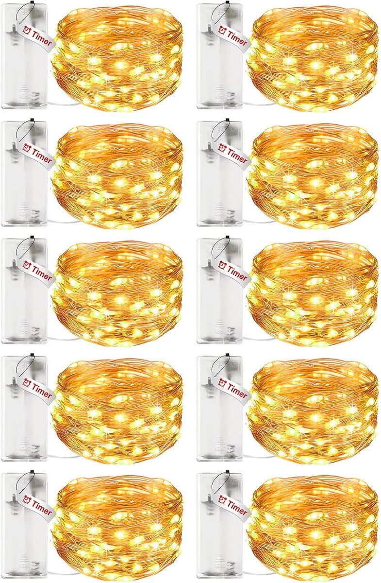 SnelShoppen - Pack van 10 LED Fairy Lights met Timer - 3m 30 LED Koperdraad Verlichting - Batterij Aangedreven voor Feest, Kerst, Halloween, Bruiloft,