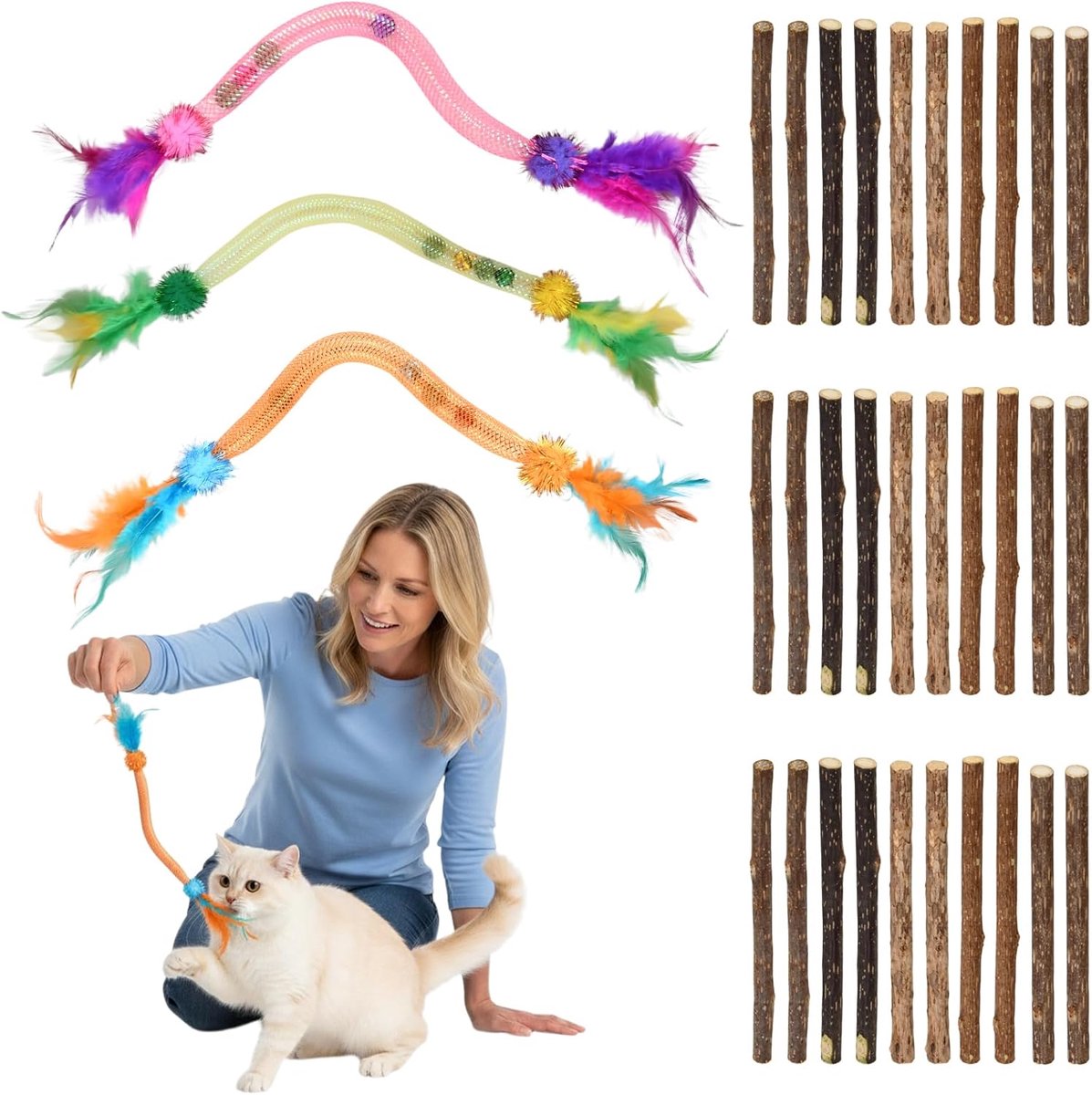 SnelShoppen - 3 Catnip Speelgoed voor Katten, 30 Silvervine Kauwesticks, Multifunctioneel met Katnipballen, Veertjes en Bellen, Activiteit en Gezondhe