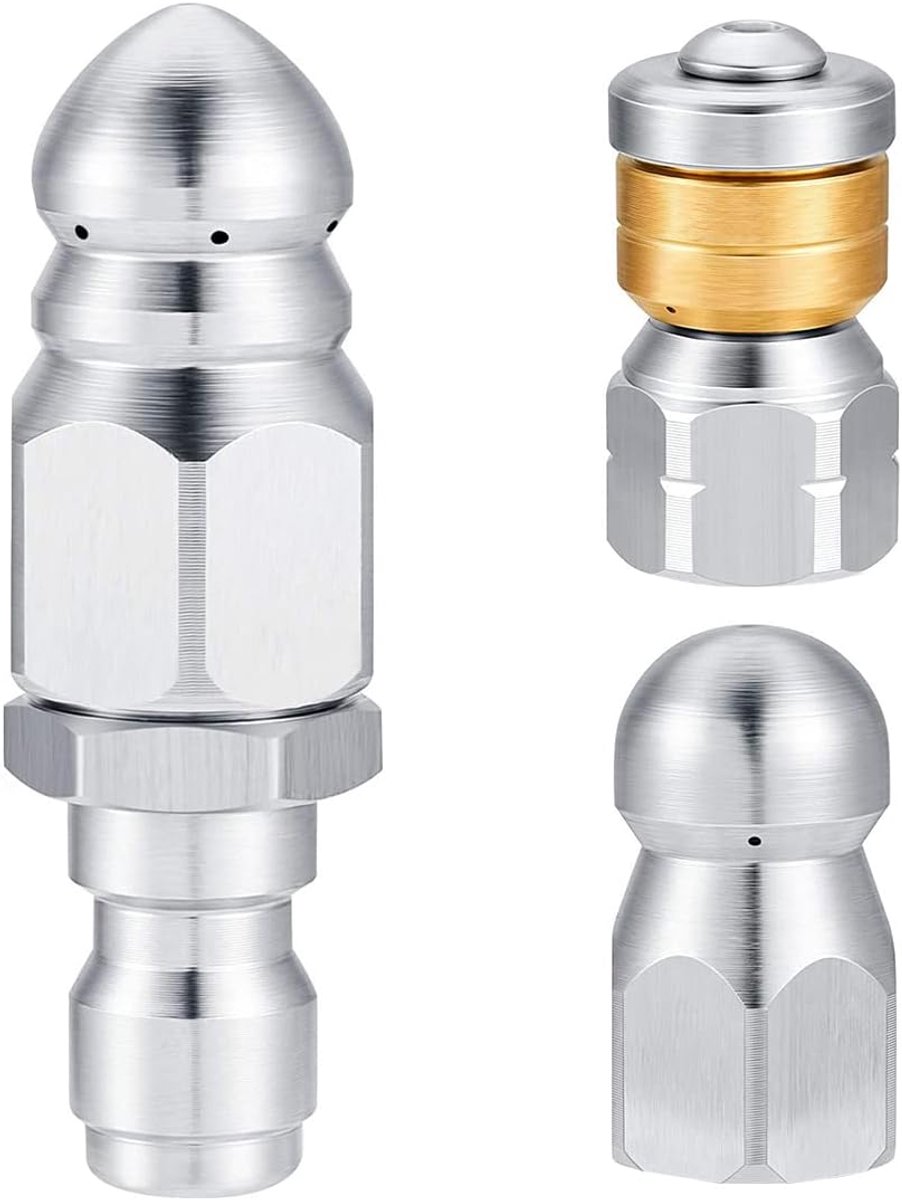 SnelShoppen - Stainless Steel Afvoer Nozzle Set 3-delig, Rotating Knop, Geschikt voor 1/4 Inch Hogedrukslang, 5000 PSI, Perfect voor Afvoerreiniging