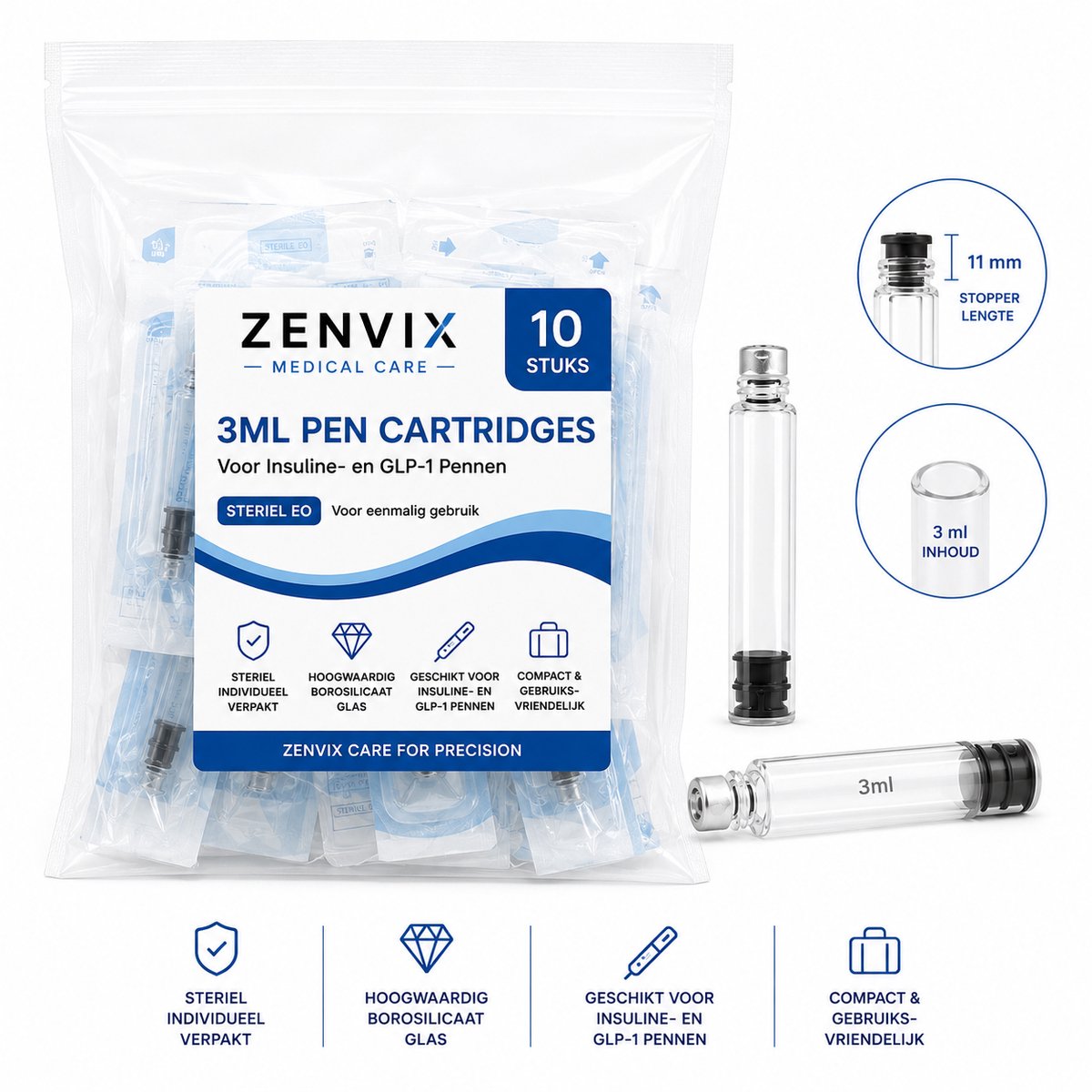 Zenvix® Steriele Insuline Cartridges – 3 ml – Geschikt voor Insulinepennen – 10 Stuks - Borosilicaatglas - Steriel