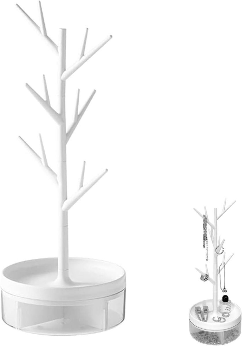 SnelShoppen - Hangende Sieradenstandaard met Opbergdoos en Zwivelbasis - Wit Hertenhoorn Design - Decoratieve Boomvorm voor Kettingen en Oorbellen - P