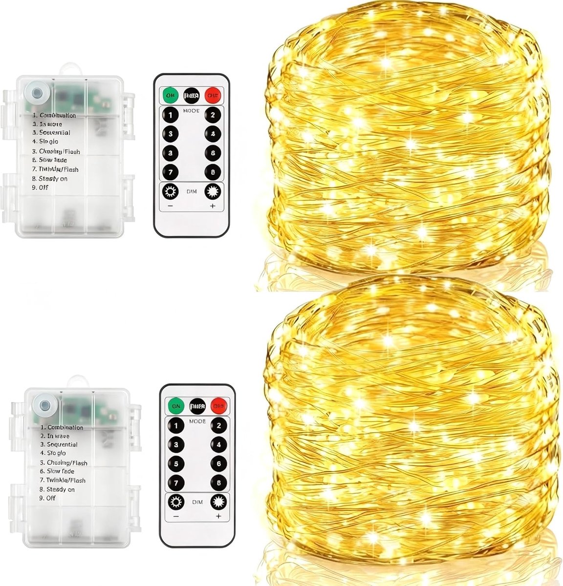 SnelShoppen - 2 stuks lichtsnoer op batterijen met afstandsbediening en timer | Waterdicht lichtsnoer 12 m, 120 leds, warmwit voor binnen en buiten, f