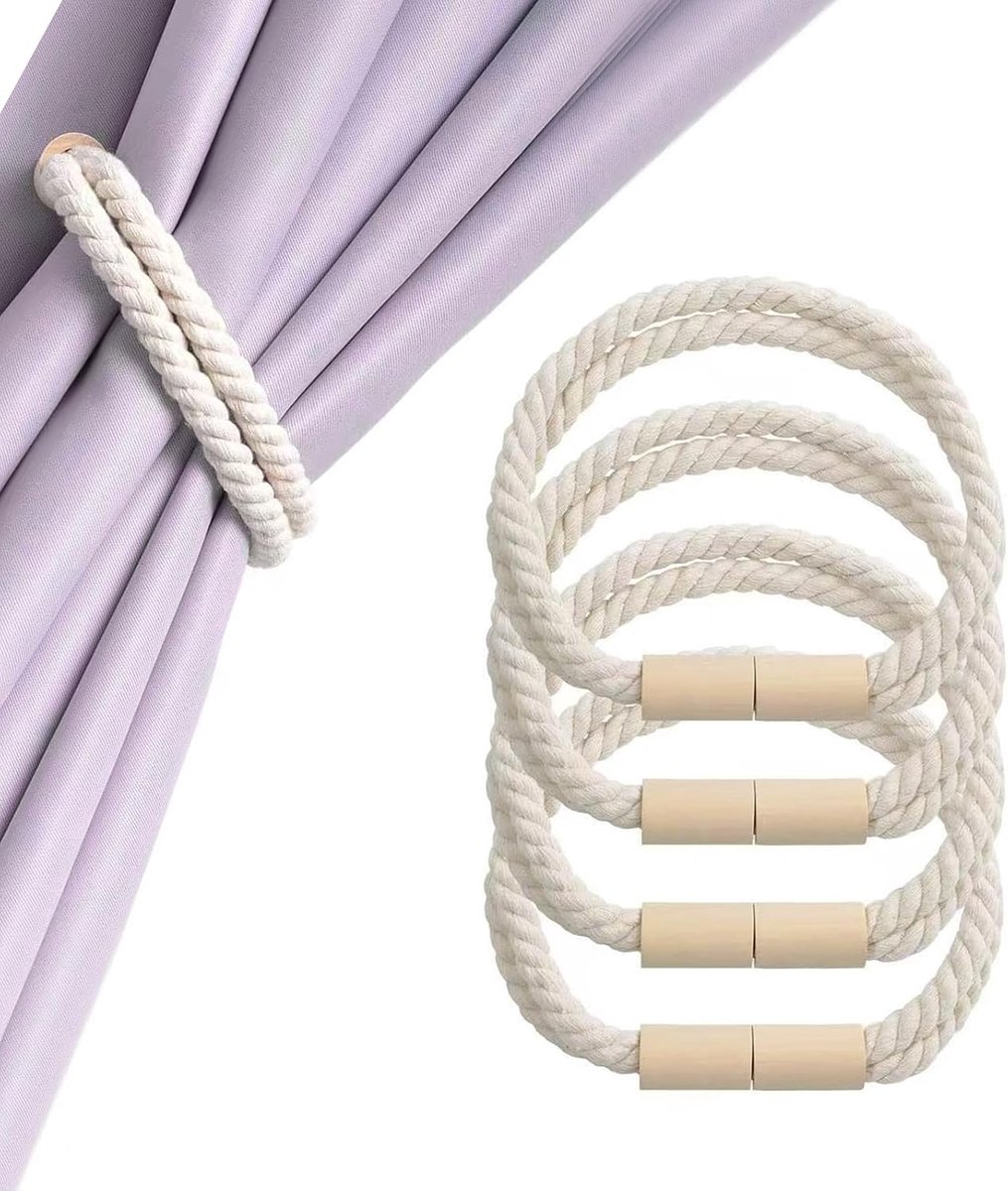SnelShoppen - Pack van 4 Magnetische Gordijnhouders 50 cm, Crème Wit, Katoen Linnen, Eenvoudig te Installeren voor Slaapkamer, Woonkamer, Keuken