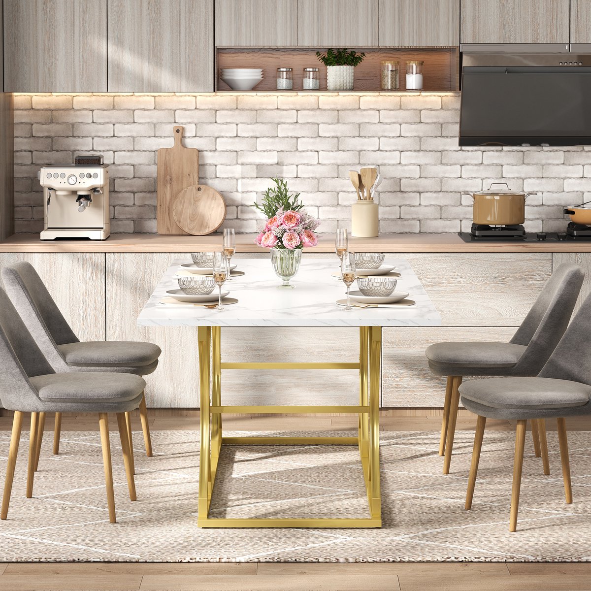 COVREO Eettafel 200x80x76 cm - wit met goud, MDF tafelblad, voor 8-10 personen